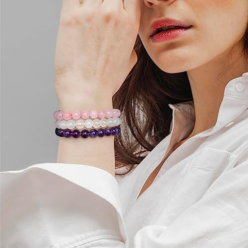 3 PCS Healing Crystal Bracelets for Women 8mm Natural Stone Beaded Stretch Bracelet Amethyst Jewelry Gifts - color: 01 8mm Rose Quartz