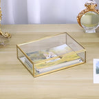 Hipiwe Glass Jewelry Display Box Gold Photo Organizer with Mirror Base Decorative Golden Box for Ring Earring Keepsake Makeup Treasure, 7.3 x 5.3 x 2 Inch - size: 7.3 x 5.3 x 2 Inch