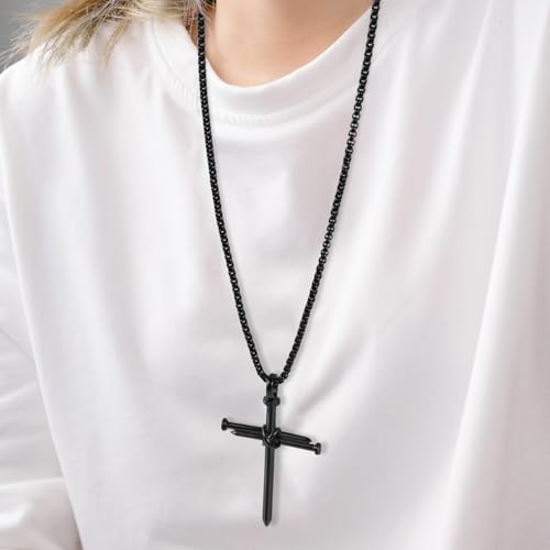 2 Pcs Vintage 3 Nail Cross Necklace for Men,24 Inch Stainless Steel Strength Bible Verse Pendant,Black Silver Gifts for Men