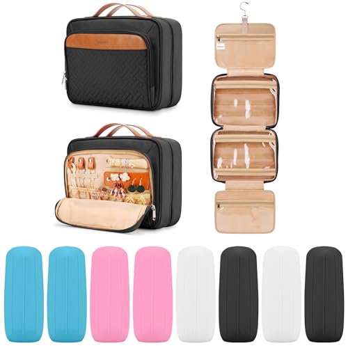 Travel Hanging Toiletry Bag for Women and Men, with 8 Leak Proofing Silicone Bottle Covers, Waterproof Makeup Accessories, Cosmetic Essentials, Cruise Ship Toiletries Bag with Jewelry Organizer, Black - color: Black, size: Medium*1 + Leak Proofing Bottle