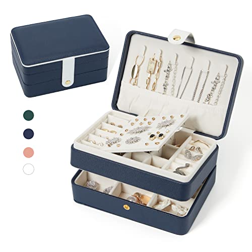 PU Leather Travel Jewelry Organizer Case for Women & Girls, 2-Layer Portable Jewelry Box for Earrings, Rings, Necklaces, Bracelets, Compact Jewelry Storage (Blue, Small) - color: PU-Blue