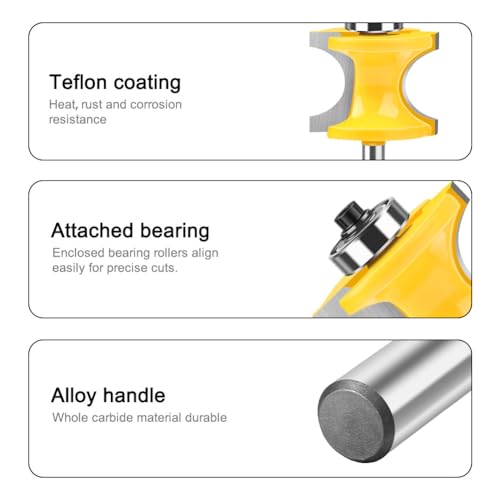 5PCS Bullnose Beading Router Bits with 1/4-Inch Shank Carbide-Tipped Corner Beading Bits Set Radius:1/4",3/8",1/2",5/8",3/4"