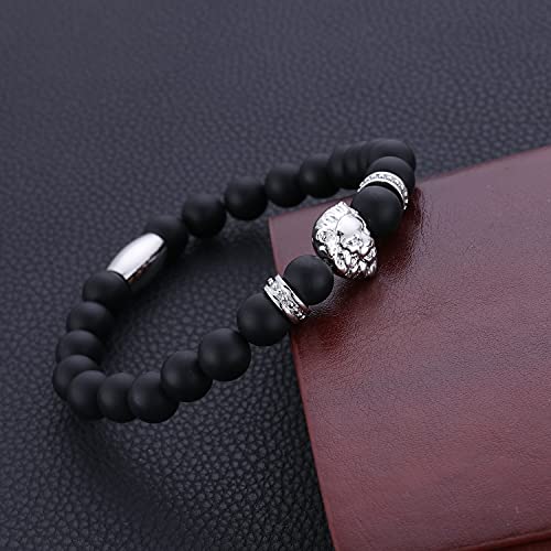 Ourania Onyx Lion Stone Bracelet Men - Black Onyx Beaded Stainless Steel Leo Head Bracelet Women 8mm - color: Silver