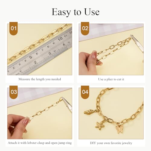 Jabogrii 16.4 Feet Gold Paperclip Chain for Jewelry Making Stainless Steel Chain Bulk Roll Craft Oval Jewelry - color: Paperclip Gold