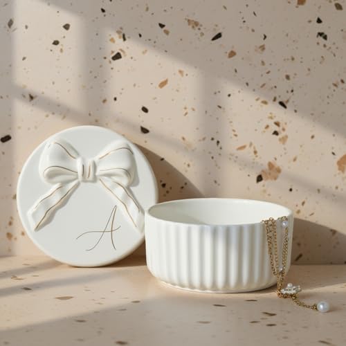COLLECTIVE HOME Monogram Initial Jewelry Box with Bow - Elegant Ring Holder & Earring Dish | Christmas Gift Idea for Women, Unique Birthday Present for Herr (A) - color: A