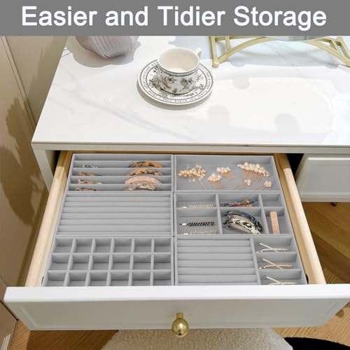 12Pcs Velvet Stackable Jewelry Trays, Jewelry Drawer Organizer, Large Removable Display Jewelry Tray, Necklace Bracelet Storage Box for Earring, Ring, Brooch, Watch (Grey) - color: Grey