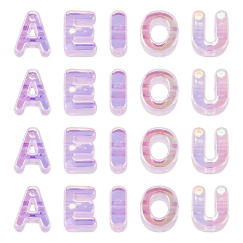 FASHEWELRY 50Pcs Iridescent Acrylic Large Letter Beads with Large Hole UV Plating Rainbow Letter Blocks Charms 3D Letters Chunky Vowel Alphabet Beads for Key Chains Necklace DIY Arts Craft (Violet) - color: Purple, size: Vowels