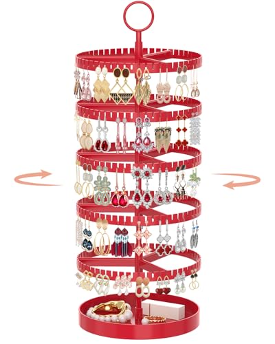 iDavosic.ly 5 Tier Rotating Earring Holder Organizer with Metal Tray, Adjustable Plastic Dangle Display Stands Tree with 285 Grooves, Large Hoop Storage Rack Tower, Red - color: Chili Red, size: 5 Tiers