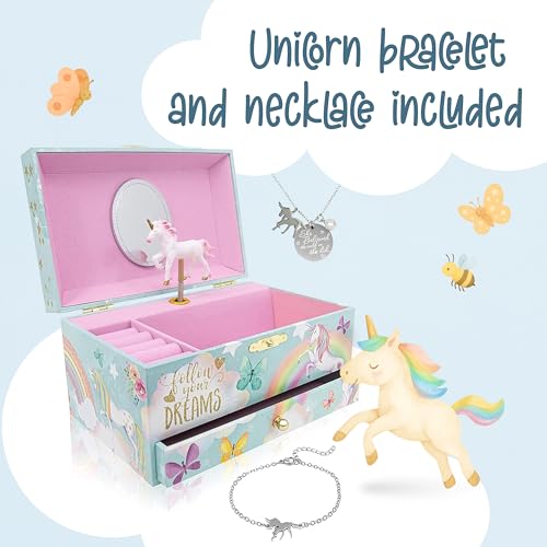 The Memory Building Co Unicorn Musical Jewelry Box Plays Classic Melody, Storage Organizer Music Box for Kids Ages 6-12, MDF Wood w/ 2 Fabric Lined Ring Bracelet Necklace Treasure Compartments - style: Unicorn