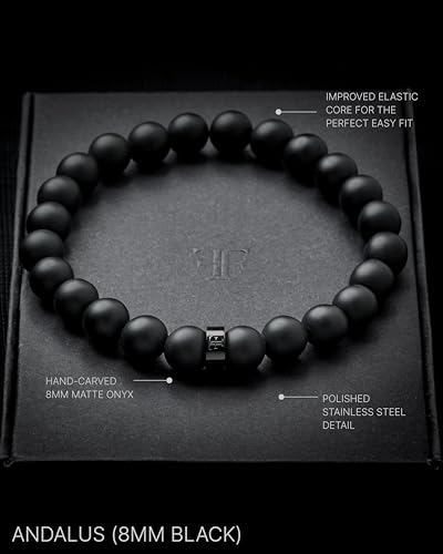 Forge & Foundry Men’s Matte Black Solid Onyx Beaded Bracelet | 10mm, 8mm, 6mm Bead Size Options | Signature Stainless Steel Engraved Bead | Andalus - color: 8mm Black, size: Large