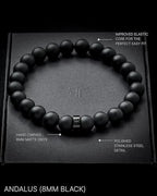 Forge & Foundry Men’s Matte Black Solid Onyx Beaded Bracelet | 10mm, 8mm, 6mm Bead Size Options | Signature Stainless Steel Engraved Bead | Andalus - color: 8mm Black, size: Large