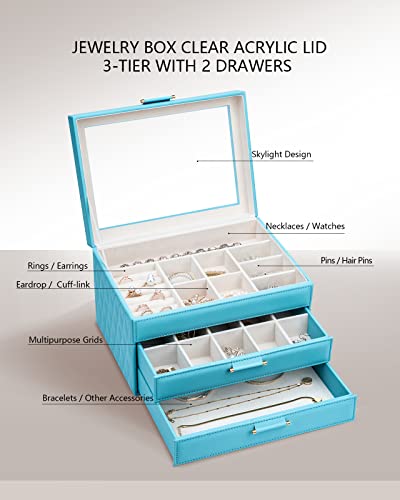 Jewelry Organizer for Women, Jewelry Box with Clear Glass Lid 3-Tier with 2 Drawers, Gift for Women Man on Thanksgiving Day, Christmas, New Year, Valentine's Day - Blue - color: Blue