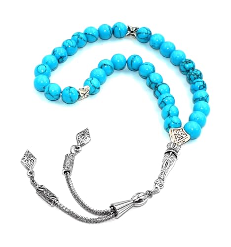 Simple Designed Natural Stone Worry Beads (8 mm -33 Beads) - Prayer Beads Tesbih-Tasbih-Tasbeeh-Misbaha-Subha-Sebha-Sibha-Rosary (Synthetic Blue Turquoise Stone) - color: Blue Turquoise Stone