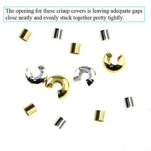 2mm Tiny Tube Crimp Beads and 4mm Crimp Bead Knot Covers Half Round Easy to Position Two Sides Keep Flush Close Neatly Evenly Stop Wire Wear No Irritate for Jewelry Craft Silver Gold 180sets - size: 2mm&4mm-Silve&Gold-180Pcs