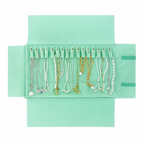 UnionPlus Velvet Travel Jewelry Case Roll Bag Organizer for Necklace, Ice Green - color: Ice Green, size: Medium
