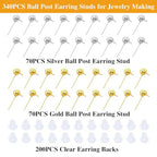 340PCS Ball Earring Studs and Backs for Jewelry Making, 140PCS Round Balls Post Earring Studs with Loop and and 200PCS Clear Backs for DIY Jewelry Making(KC Gold and White K) - color: gold and silver