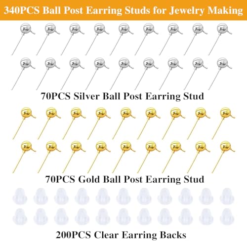 340PCS Ball Earring Studs and Backs for Jewelry Making, 140PCS Round Balls Post Earring Studs with Loop and and 200PCS Clear Backs for DIY Jewelry Making(KC Gold and White K) - color: gold and silver