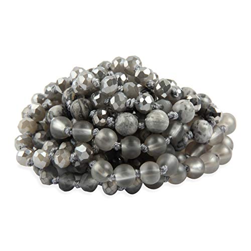 Bead Strand Versatile 60" Long Wrap Necklace - Handmade Knotted Multi Layer Sparkly Crystal, Semi Precious Natural Stone, Lava, Glass Faux Pearl - color: Natural Stone & Sparkly Bead Mix - Gray