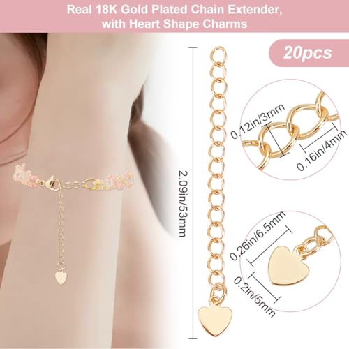 Beebeecraft 20Pcs Heart Necklace Extender 18K Gold Plated 53mm Extender Chain End Chains with Heart Chain Tabs for Jewelry Making Bracelet Findings - color: Gold-heart