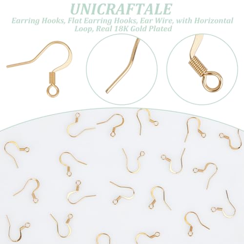 UNICRAFTALE 100Pcs Real 18K Gold Plated Earring Hooks Stainless Steel Ear Wire with Loops Earwire Hooks Fish Hooks Flat Earring Hooks with Coil for DIY Earring Jewelry Making - color: Gold, size: 15mm Long