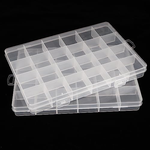 2PCS 24 Grids Clear Plastic Organizer Box Fixed Compartment Storage Container for Craft, Beads, Jewelry, Fishing Tackle, Art, Small Items