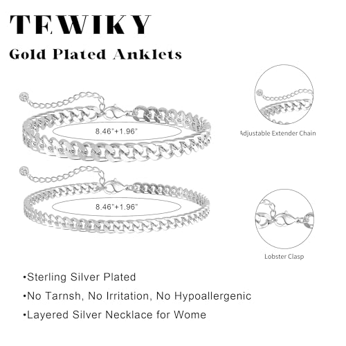 Tewiky Waterproof Ankle Bracelets for Women,Chunky Layered Gold Anklet for Women Non Tarnish Adjustable Cuban Set Stackable Summer Beach Jewelry Gift - color: silver