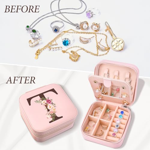 Inngeroo Mom Gifts for Women from Daughter Son, Travel Jewelry Case Box Organizer Personalized Gifts for Mom Wife Women, Gift for Friend Sister Grandma Aunt, Initial T - style: T