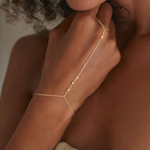 CHESKY 14K Gold Plated Hand Chain Bracelets for Women Set - Dainty Finger Ring Bracelet Stack Adjustable Hand Chains Durable Beaded Bracelets Trendy Simple Body Jewelry Gift for Women - style: 2chain bead bracelet-gd