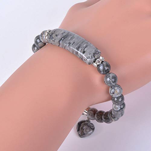 Justinstones Gem Semi Precious Gemstone Love Heart Charm Stretch Beaded Bracelet Unisex - color: Black Lace Agate