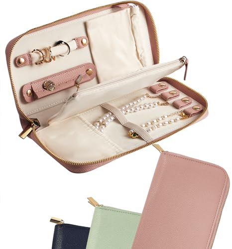 Travel Jewelry Organizer Case - for Tangle-Free Necklaces, Earrings, Rings, Bracelets Storage, Travel Essentials, Fashion Portable Jewelry Travel bags for Women - Medium Macaron Pink - color: Medium Macaron Pink