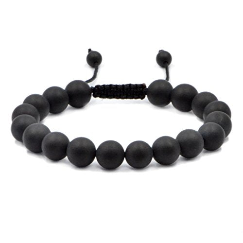 AD Beads Natural 10mm Gemstone Bracelets Healing Power Crystal Macrame Adjustable 7-9 Inch - color: Matte Black Onyx
