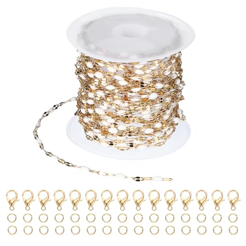 PATIKIL Stainless Steel Jewelry Chain, 16Ft 2mm White Enamel Link Cable Chains for Necklace Earring Bracelet Findings Jewelry Making Trucker Hat Chains, Gold/White - color: Gold/White