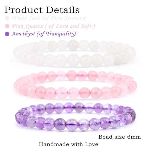 2/3-Pieces 4mm 6mm 8mm Natural Crystal Gemstone – Handmade Reiki Energy Healing Stretch Bracelets Jewelry for Yoga, Meditation, Unisex - color: 3 Pieces (Amethyst&PinkQuartz&WhiteJade), size: 6mm