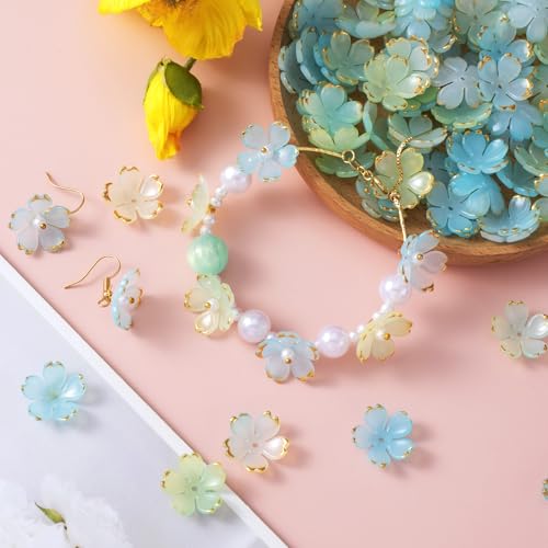 100pcs Cherry Blossom Beads, 5-Petal Gradient Acrylic Flower Beads, Mini Spacer Hair Accessories Halloween Christmas for Bracelets Earring Jewelry Making- Blue & Green - color: Blue & Green