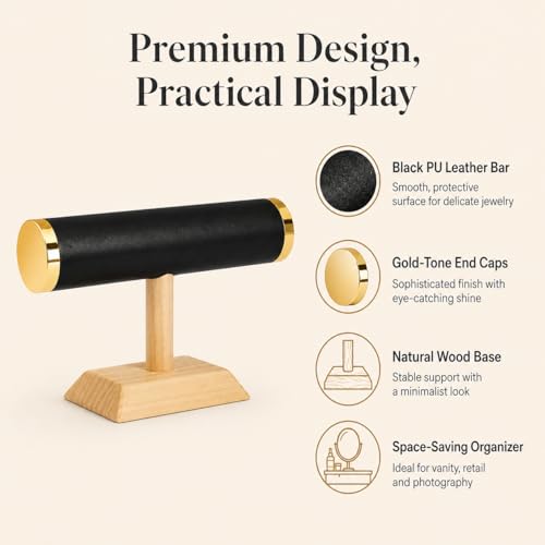 Jewelry Display T-Bar Stand – Elegant Black PU Leather & Natural Oak Wood Base, Space-Saving Organizer for Bracelets, Watches & Bangles - color: Round PU Black