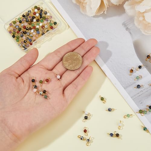 DICOSMETIC 120Pcs 12 Styles Gemstone Connector Charm 4mm Round Stone Link Charms Natural Quartz Crystal Charms Stone Pendants with Double Loops for DIY Bracelet Necklace Jewelry Making, Hole: 2.3mm