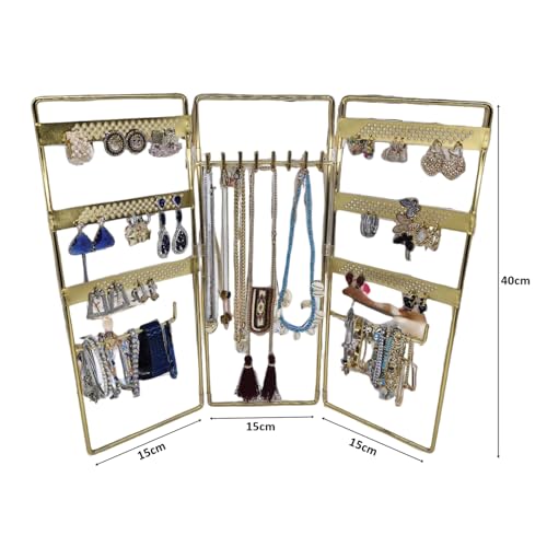 Jewelry Holder, Jewelry Organizer, folding 3 piece Jewelry Display Stand with Metal Frame, Necklace Earring Bracelet Holder, for Studs, Rings, Gift Idea, Gold, Silver, Black Color (GOLD) - color: GOLD