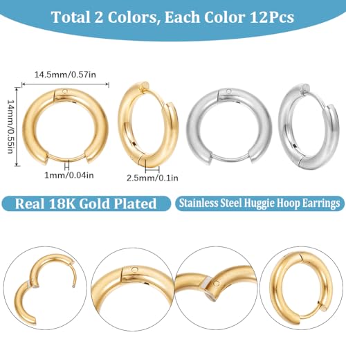 SUNNYCLUE 1 Box 12 Pairs 2 Colors Leverback Earring Hooks Huggie Hoops Real 18K Gold Plated Stainless Steel 14mm Round Lever Back Ear Wires Huggie Hoop Earring Findings for Jewelry Making Supplies