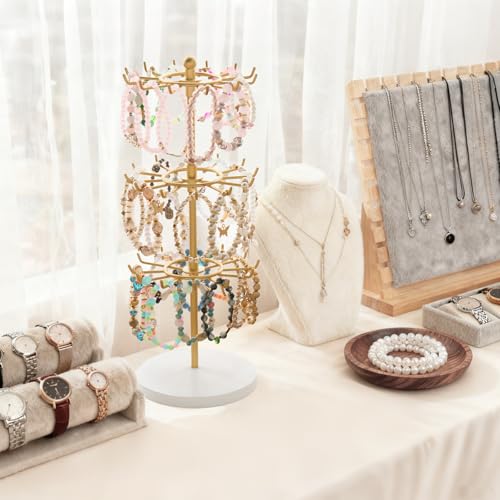 Mkono Bracelet Holder Gold Metal Rotating Bracelet Display Stand 3 Tier Jewelry Tower rack with 36 Hooks and Wood Base Modern Adjustable Storage Organizer Tree for Selling KeyChain Bangle Accessories