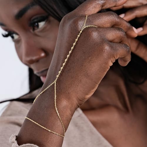 Gold Hand Chain Bracelet for Women, Ring Bracelet Hand Chain Non Tarnish Waterproof Dainty Finger Bracelet Beaded Cubic Zirconia Layered Twist Link Stack Bracelets Trendy Jewelry Gift for Her - color: Bead Double Chain