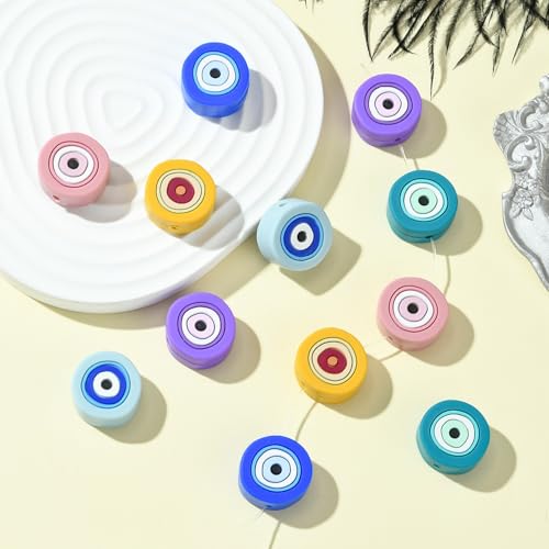 LiQunSweet 12 Pcs 6 Colors Flat Round Silicone Beads Silicone Beads Evil Eye Beads for Bracelet Beaded Necklace Pens Jewelry Making DIY Craft - color: Evil Eye Silicone Beads_12 Pcs