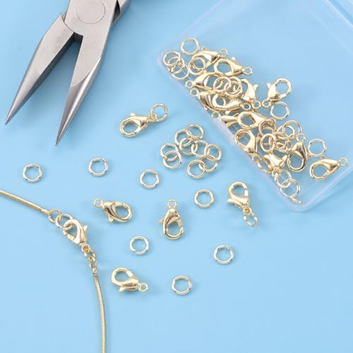 30pcs Lobster Claw Clasps & Jump Rings, 14K Gold Plated Metal Lobster Clasps, Jump Rings Jewelry Finding Kit for Necklace Bracelet Jewelry Making - color: 14K Gold-30pcs