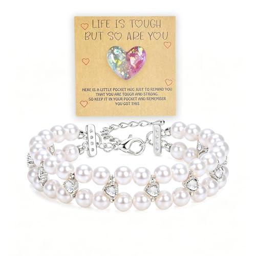Double Layer Pearl Heart Bracelets for Women, Cubic Zirconia Charm Jewelry, Adjustable Gold Silver Stackable Bracelet Jewelry Set Birthday Gift for Mom Daughter Wife - color: Silver-White