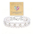 Double Layer Pearl Heart Bracelets for Women, Cubic Zirconia Charm Jewelry, Adjustable Gold Silver Stackable Bracelet Jewelry Set Birthday Gift for Mom Daughter Wife - color: Silver-White