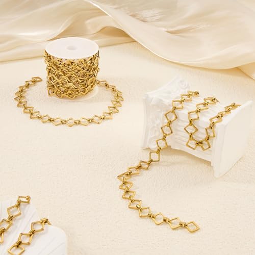 YOUBEIYEE 6.5 Feet Gold Plated Rhombic Link Chains Roll Strong Stainless Steel Chain for Jewelry Making - color: Rhombic Gold
