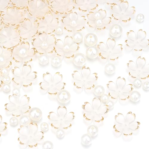 100Pcs Cherry Blossom Acrylic Flower Beads, Shiny 5-Petal Gold-Plated Gradient Floral Bead with 90Pcs Multi-Size Beige Pearls for Necklaces Bracelets Earrings DIY Adult Jewelry Making (Beige Color - color: Beige Color, size: Flower & Pearl Beads