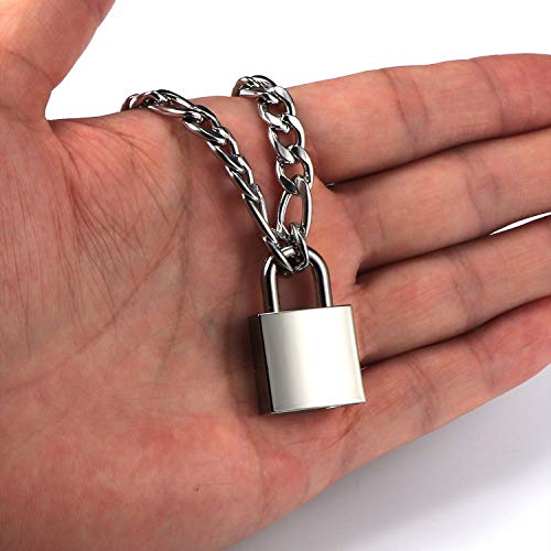 DIBOLA Padlock Necklace Stainless Steel Lock Chain for Men Women Silver 18-24 inch - color: Silver1