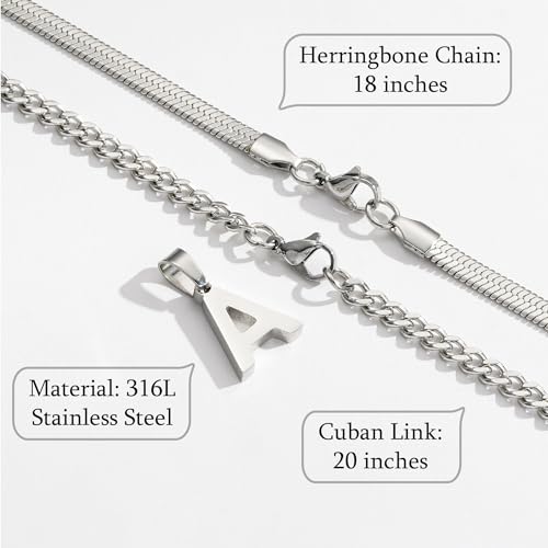 P. BLAKE Layered Initial A-Z Pendant Necklaces for Boys Men, Stainless Steel Letter Cuban Link Herringbone Chain Fashion Jewelry Gifts - color: Silver, size: Letter H