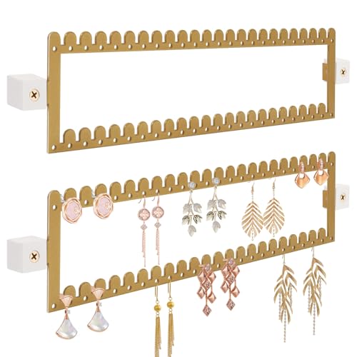 2 Tier Earring Holder Organizer Wall Mounted,2PCS Metal Earring Display Storage with 96 Holes and 92 Grooves Hanging Jewelry Organizer Tree for Stud/Hoop/Dangle Earrings Necklace（Gold） - color: Gold