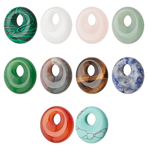 NBEADS 10 Pcs 10 Styles Natural Donut Gemstone Charms, 17.5mm Flat Round Mixed Natural and Synthetic Donut Stone Beads Pendants Natural Stone Pendant for Jewelry Making, Hole: 5.5mm - color: 10 Pcs 10 Styles Stone B
